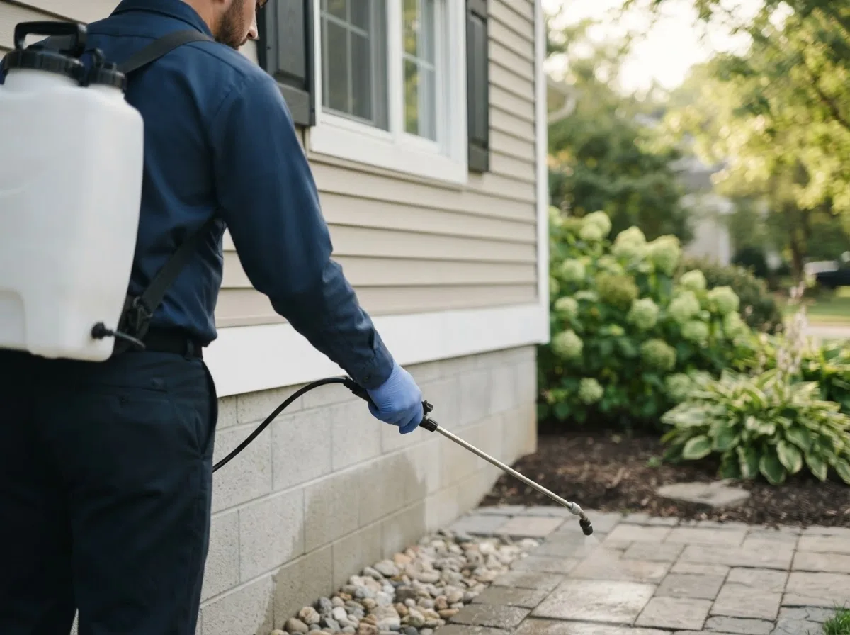 Pest control technician inspecting a home in Elton, WI
